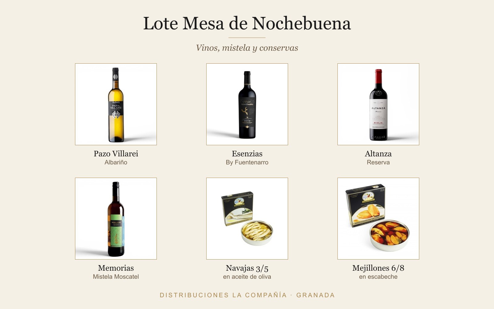 Lote Mesa de Nochebuena: Pazo Villarei Albariño, Esenzias, Altanza Reserva, Memorias Mistela, navajas y mejillones