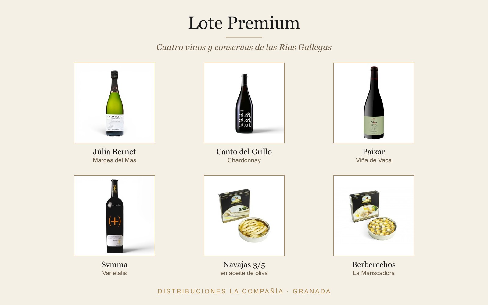 Lote Premium: Júlia Bernet Marges del Mas, Canto del Grillo, Paixar Viña de Vaca, Svmma Varietalis, navajas y berberechos